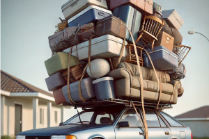 Family car overloaded with furniture and luggage strapped to the roof, with bulging tires and a slight tilt under the weight