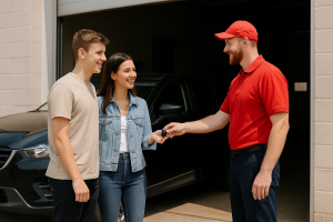 Mechanic in red shirt handing car keys to a smiling young couple outside a garage.