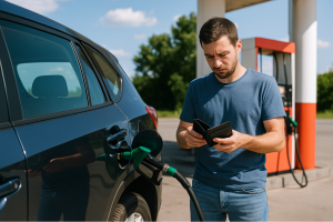 Man checking his wallet at a gas station beside a car being fueled.