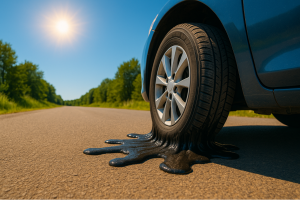 Car tire melting on sun-heated asphalt under a bright blue sky.
