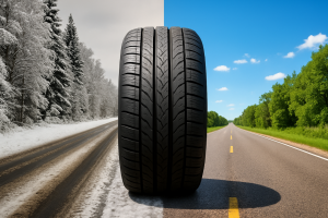 Tire positioned between a snowy winter road and a sunny summer highway.
