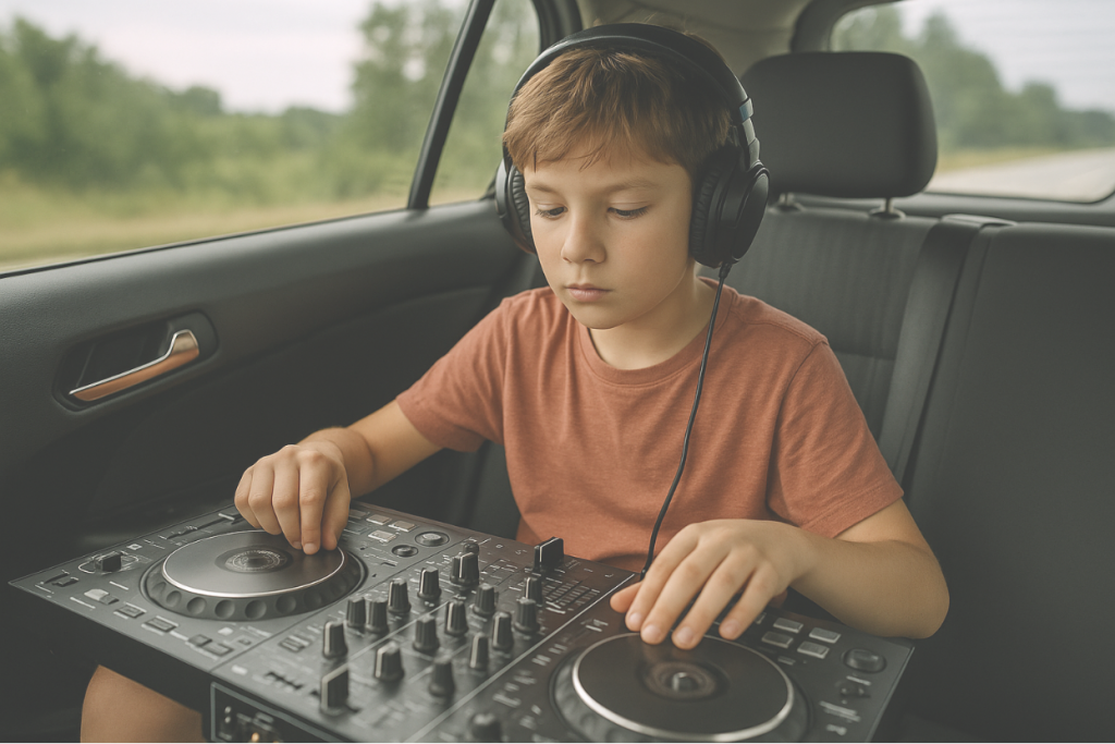 A young boy wearing headphones uses a DJ mixing board in the backseat of a car during a road trip.
