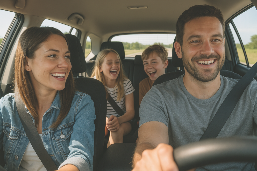 A happy family of four laughs together inside a moving car during a road trip.