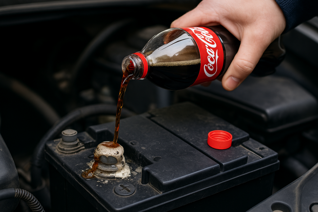 A person pouring Coca-Cola onto a car battery terminal, an unsafe DIY method for cleaning corrosion.
