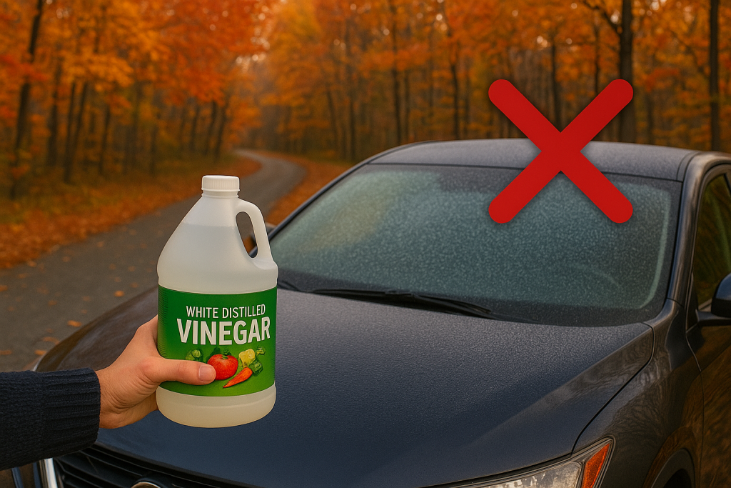 A person holding a large jug of white distilled vinegar in front of a frosted car windshield, with a big red X over the glass.