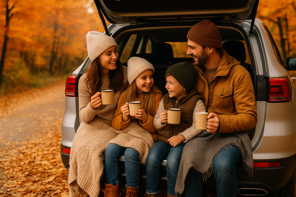 A smiling family of four sits on the back of an SUV with the trunk open, wrapped in blankets and holding mugs, surrounded by colorful autumn leaves.