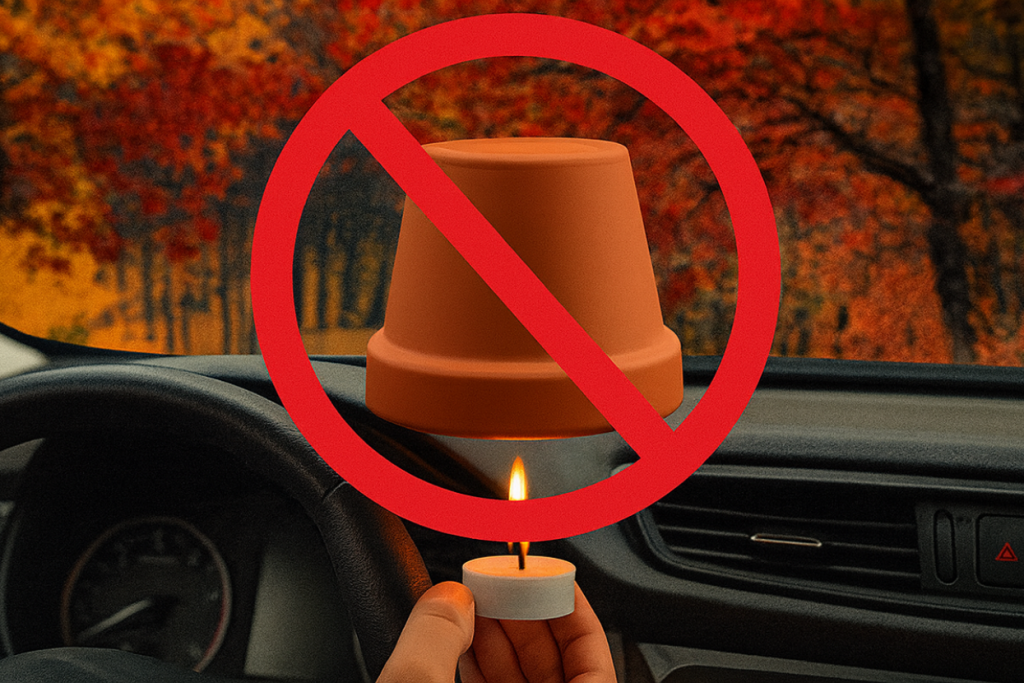 Inside a car, a person holds a lit tealight candle under an upside-down terra cotta pot with a large red prohibition symbol over it, warning against this heating method.