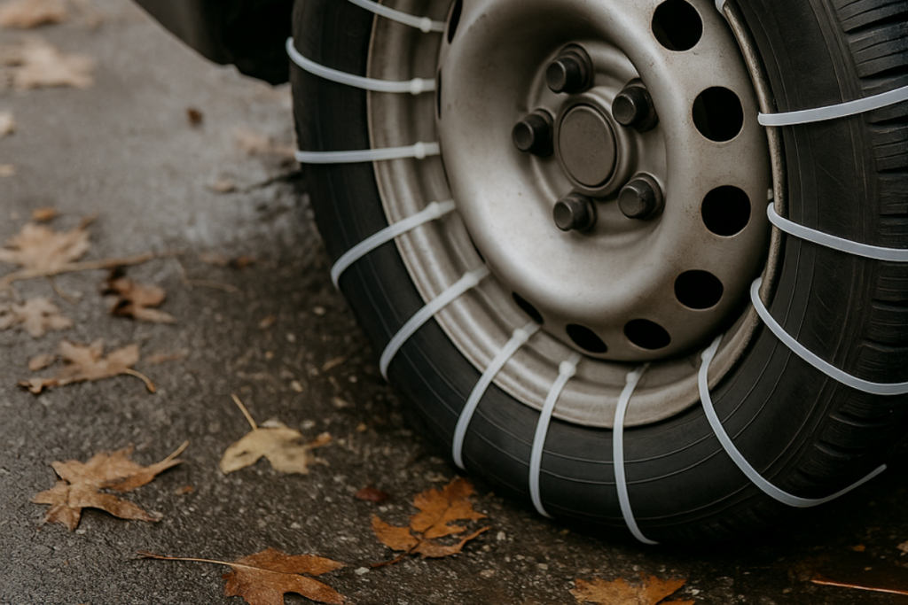A car tire with multiple plastic zip ties fastened around it, an unsafe DIY attempt to create tire traction.