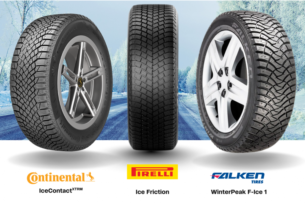 Three winter tires displayed against a snowy road background. From left to right: Continental IceContact XTRM, Pirelli Ice Friction, and Falken WinterPeak F-Ice 1.